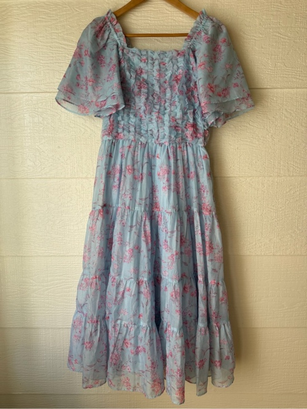 Jessakae Blue Pink Floral Ruffle Tiered Midi Dress Cottagecore Size Small